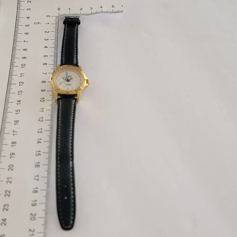 Vintage Guess Womens Watch 30mm White Dial Gold Case Black Leather Quartz